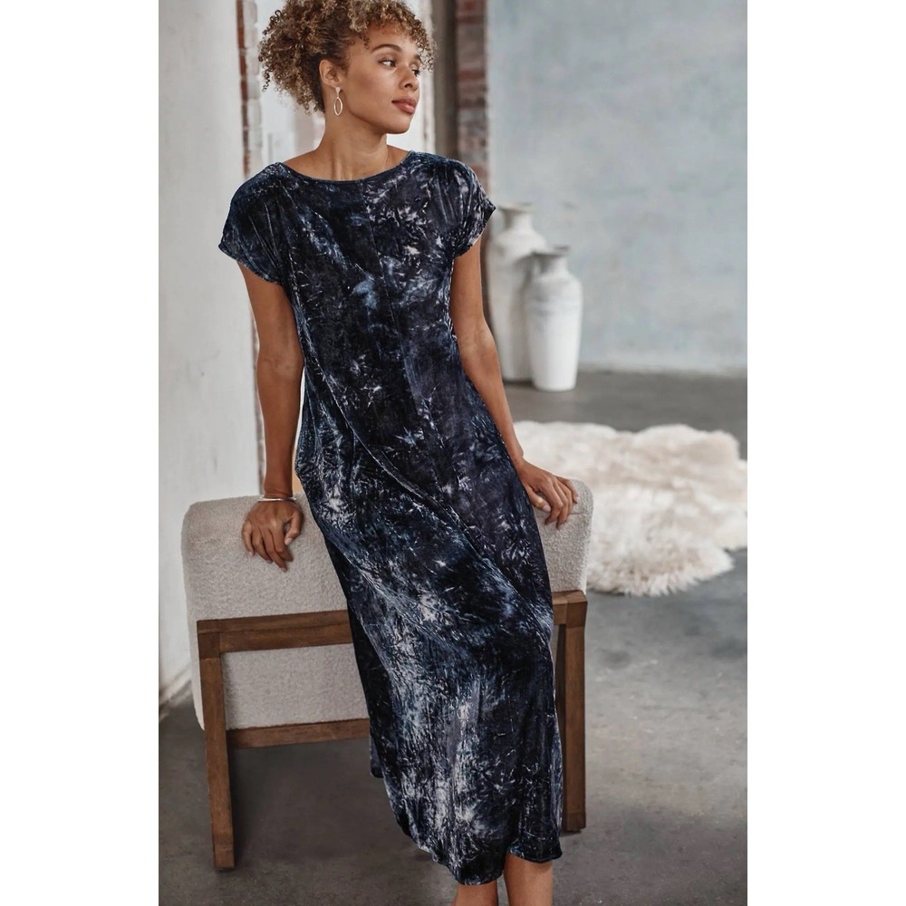 Pure J Jill Velvet Blue Tie Dye Maxi Midi Dress Short Sleeve Lagenlook M